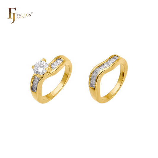 Anillos apilables de oro de 14 quilates y oro de 18 quilates con circonitas blancas solitarias y circonitas baguette.