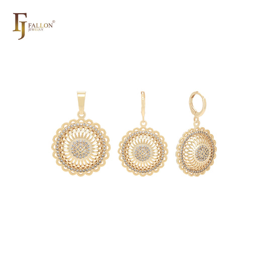 Conjunto de joyas de oro de 14 quilates con colgante y girasol de circonitas blancas.