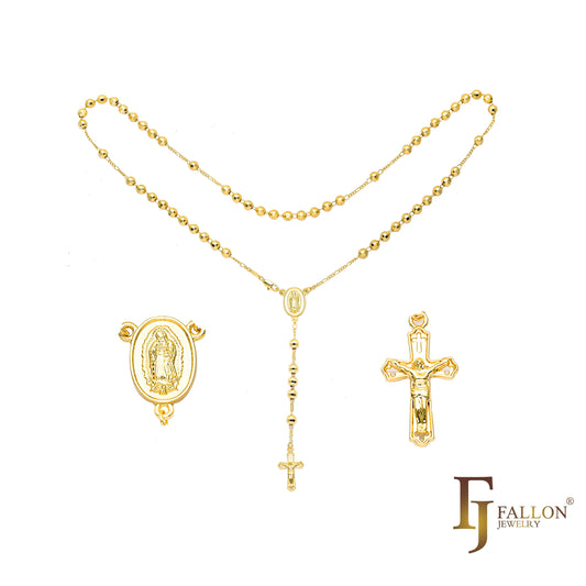 Italian Virgin of Guadalupe Catholic Rosary Necklace (Faceted Disco Beads) plated in 14K Gold, 14K Gold two tone