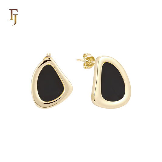 Irregular rounded shaped of Black or White Onyx 14K Gold, Rose Gold Stud Earrings