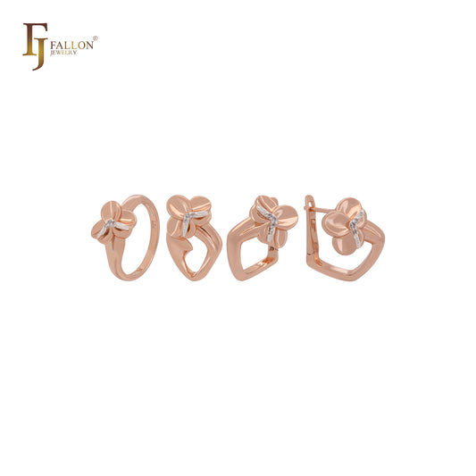 Conjunto de joias com dois tons de zircônias cúbicas brancas e braços geométricos de trevo em ouro rosa com anéis e pingente