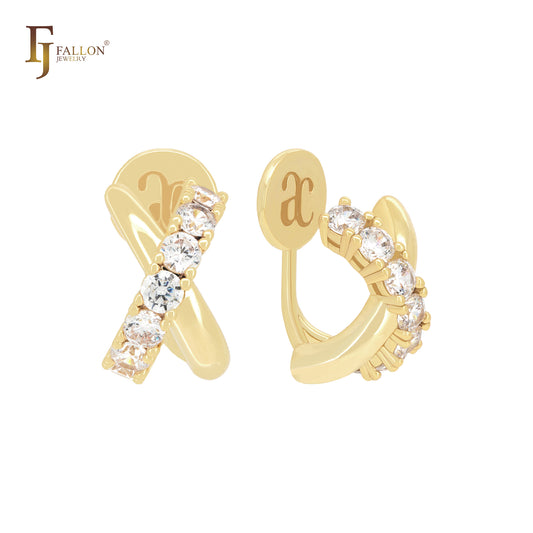 Pendientes de oro blanco de 14 quilates con forma de cruz Alfa C y circonitas blancas