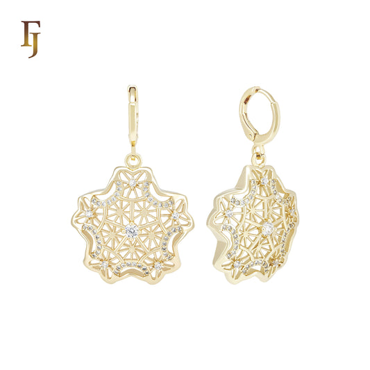 Five Petals Snowflake of white CZs 14K Gold Huggie drop Earrings