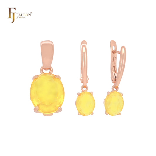 Conjunto de joias com pingente solitário gigante oval laranja amarelo cz ouro rosa