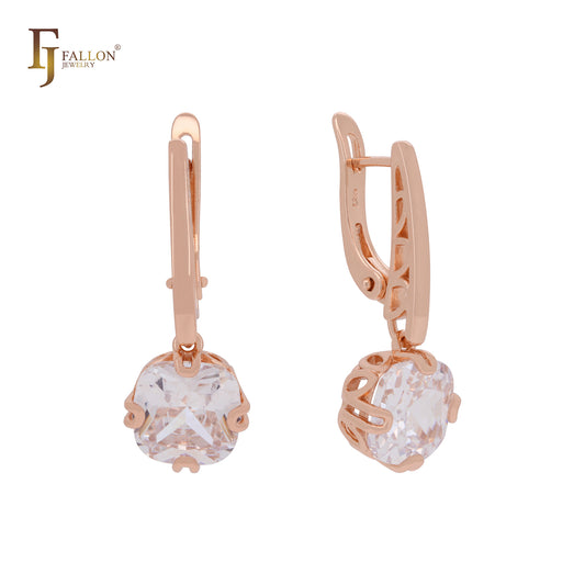 Solitaire Paperclip four clawed white CZ Rose Gold Russian Lock Earrings