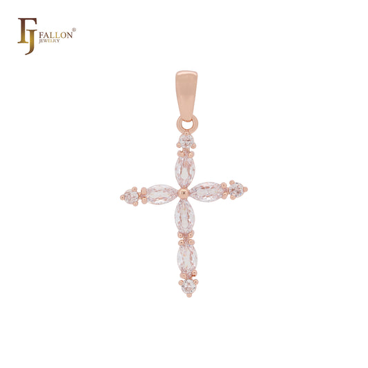Colgante de cruz de oro rosa de 14 quilates con circonitas blancas en racimo latino.