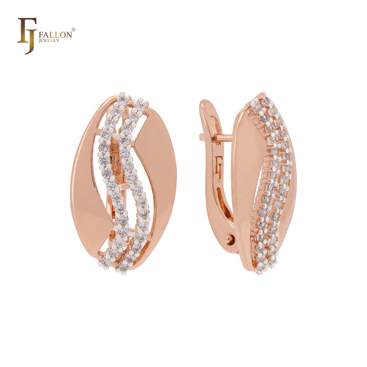 Double rows of white CZs splite design Rose Gold two tone Russian Lock Earrings