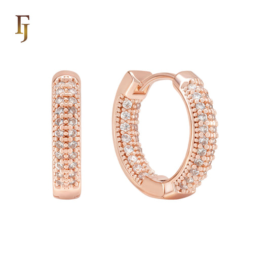 Double Row paved white CZs Rose Gold Huggie Earrings