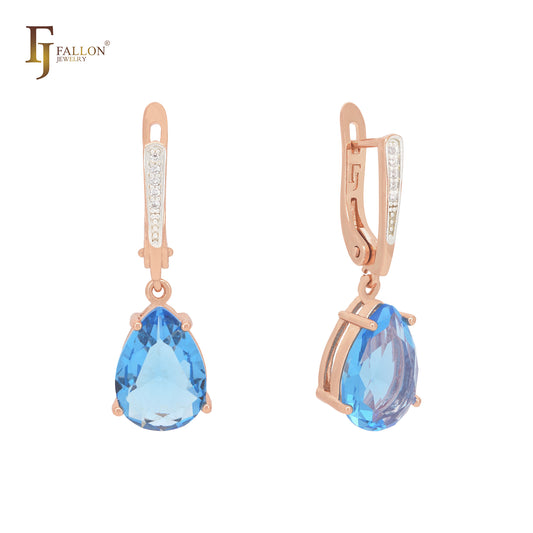 Deep Ocean Blue pear shape CZ Solitaire with white CZs Rose Gold two tone Russian Lock Earrings