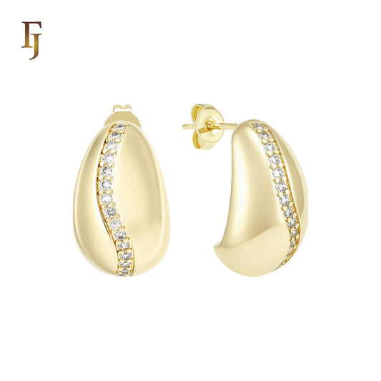 Curved white CZs paved peanut 14K Gold Stud Earrings