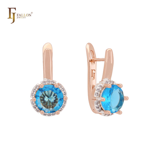 Solitaire Halo Big Rounded Colorful CZ Rose Gold two tone Russian Lock Earrings