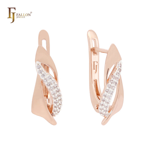 Ribbons interlocking white CZs Rose Gold two tone Russian Lock Earrings