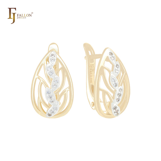 Leaves of leave white CZs 14K Gold two tone Russian Lock Earrings