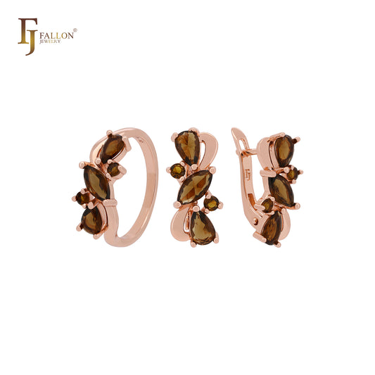 Gran y lujoso conjunto de joyas de oro rosa con circonitas cúbicas color café y anillos