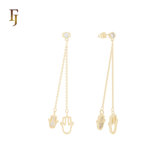 Gold Long Chain Hamsa Drop Earrings with CZ – Dainty Evil Eye Protection Jewelry for Women | FJ Jewelry