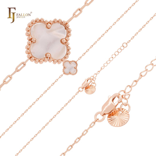 Pulsera o cadena con eslabones de clip en oro rosa con forma de trébol de la suerte blanco o negro.