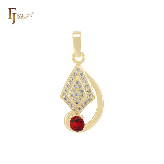 Подвеска из ромбовидных листьев из белого фианита с красным фианитом 14 карат