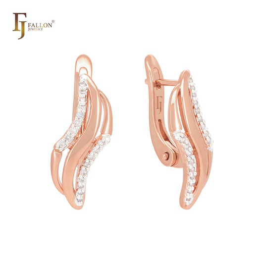 Triple twisted bonds with White CZs Rose Gold two tone Russian Lock Earrings
