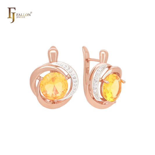 Triple spinning big solitaire rounded Yellow CZ Rose Gold two tone Russian Lock Earrings