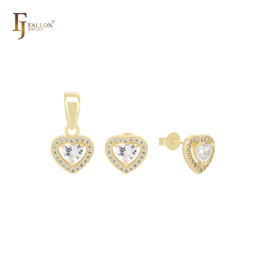 Conjunto de joyas de oro de 14 quilates con halo solitario de corazón de circonitas blancas y colgante