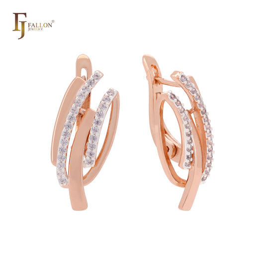 Thousand rows of white CZs parallel Rose Gold two tone Russian Lock Earrings