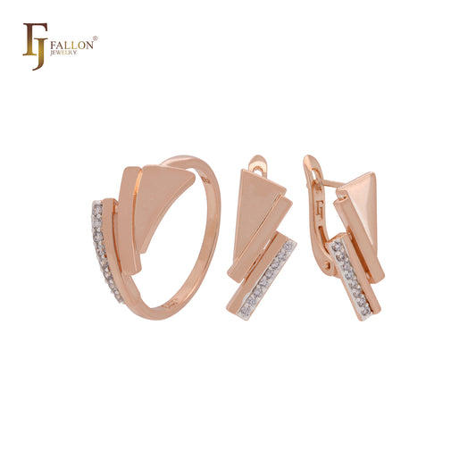 Комплект украшений из розового золота с кольцами и треугольными смешанными параллельными белыми фианитами