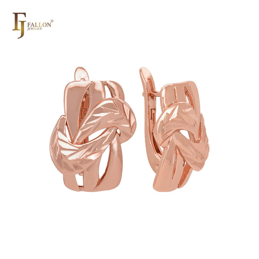 Double leaves crossing geometric Rose Gold Russian Lock Earrings