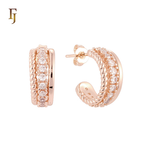 Rope and white Czs Row 14K Gold, Rose Gold C Hoop Stud Earrings