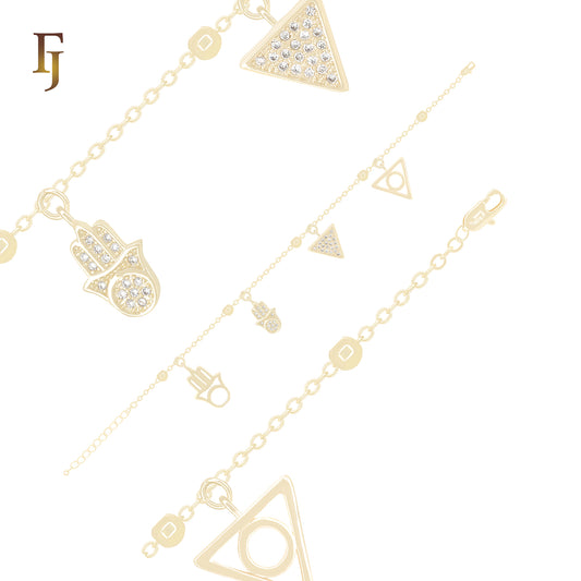 Geometric Charm Bracelet with Triangle and Hamsa CZ Pendants | 14K Gold Plated Girls Jewelry – FJ Jewelry