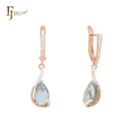 Pear shape pink CZ solitaire drop with white CZs Rose Gold two tone Russian Lock Earrings