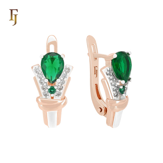Double Paved white CZs clawed Emerald Rose Gold two tone Russian Lock Earrings