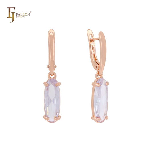 Long Oval Solitaire Colorful CZ Rose Gold Russian Lock Earrings