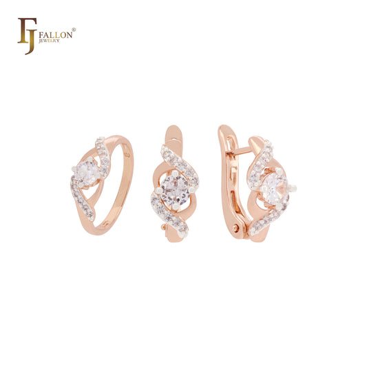 Conjunto de joyas de oro rosa en dos tonos con solitario de circonitas blancas y doble banda trenzada y anillos.