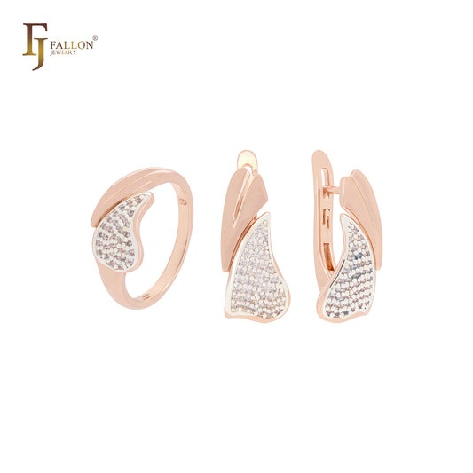 Conjunto de joyas de oro rosa de dos tonos con hojas dobles de circonitas blancas y anillos