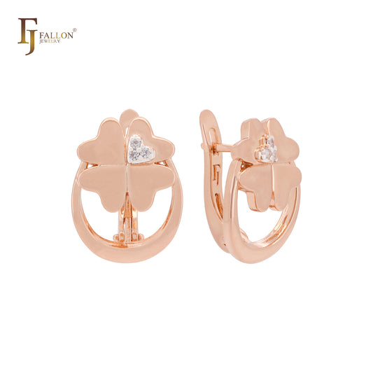 Hearty four leaves clover Rose Gold Russian Lock Earrings