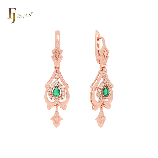 Dangling emerald white CZs crown Rose Gold Russian Lock Earrings