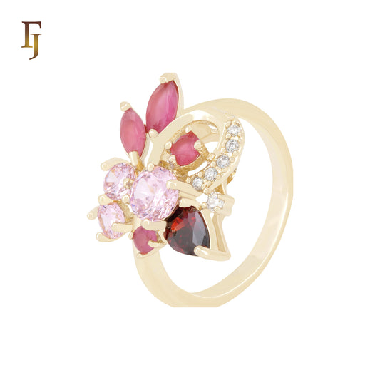 Pinky Red Cluster CZs Flower 14K Gold Fashion Rings