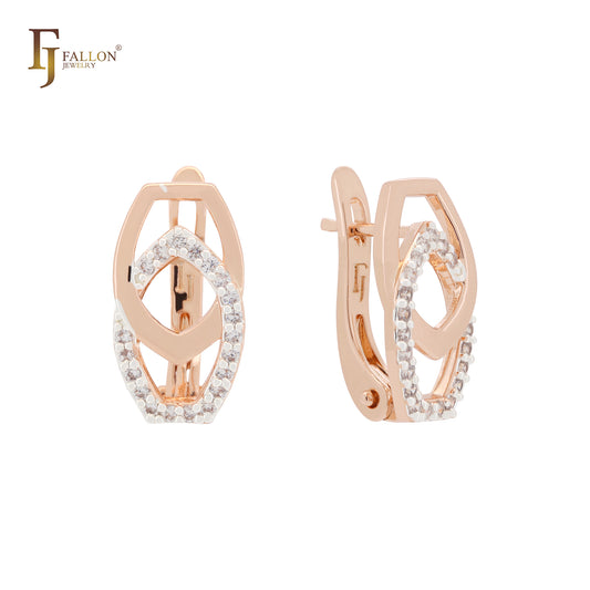 Interlocking buckles of white CZs Rose Gold Russian Lock Earrings