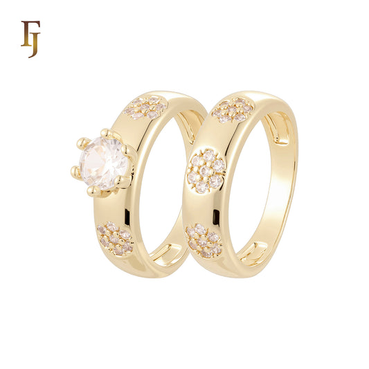 Triple Flowers white CZs 14K Gold, Rose Gold Wedding Set Rings