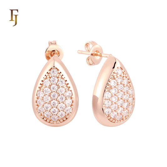 Great cluster paved drop of white CZs 14K Gold, Rose Gold Stud Earrings