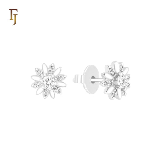 Sparkling white CZs flower Silver Plated Stud Earrings