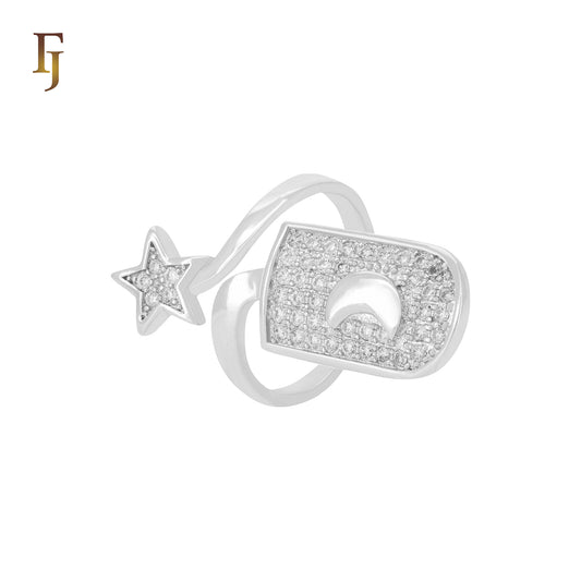 Star and Moon Crescent Cluster white CZs Silver Plated Nail Fashion Rings