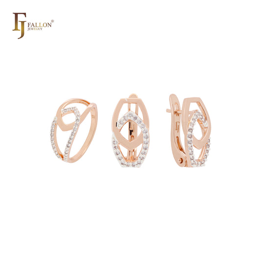 Conjunto de joyas de oro rosa con anillos y hebillas entrelazadas de circonitas blancas