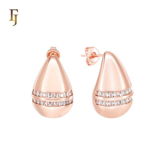 Drop Double paved white CZs 14K Gold, Rose Gold Stud Earrings