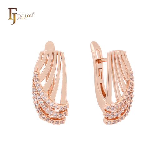 Triple white CZs layers interlocking thousand ribbons Rose Gold Russian Lock Earrings