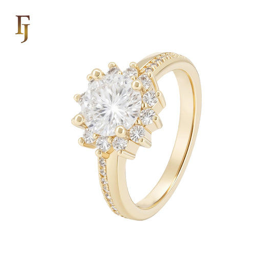 Halo flower Solitaire white CZs 14K Gold Fashion Rings