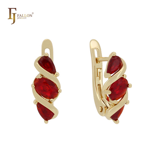 Embraced cluster triple red CZs 14K Gold Russian Lock Earrings