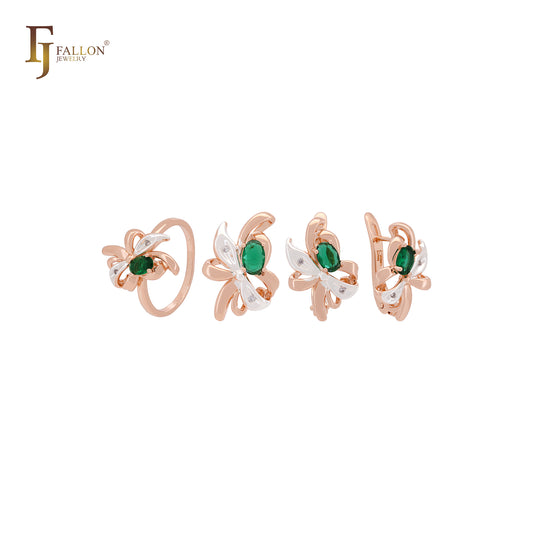 Cinta de flores y hojas, lujoso conjunto de joyas de dos tonos en oro rosa verde esmeralda con anillos y colgante