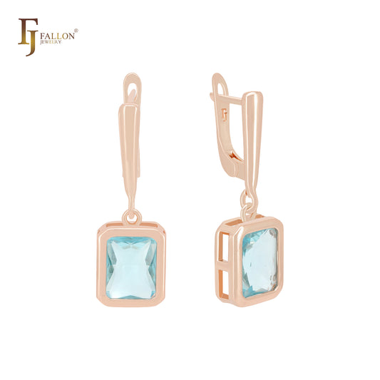 Solitaire Lake Blue Cushion Cut CZ Rose Gold Russian Lock Earrings