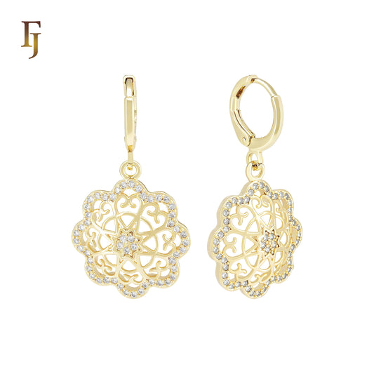 Flower filigree of white CZs 14K Gold Huggie drop Earrings